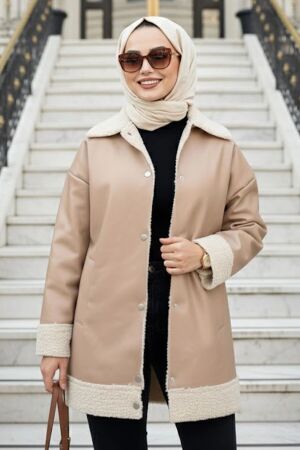 Kürk Detaylı Bej Tesettür Deri Ceket 9310BEJ - NEVA STYLE