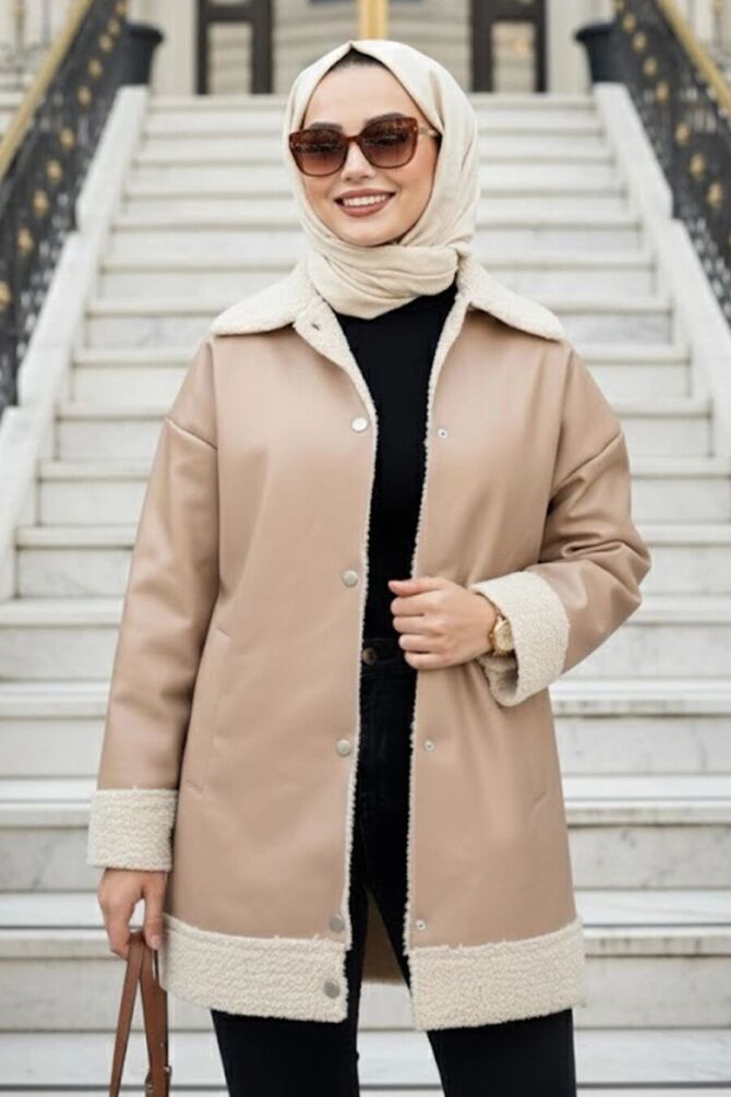 Kürk Detaylı Bej Tesettür Deri Ceket 9310BEJ - NEVA STYLE