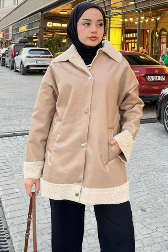 Neva Style - Kürk Detaylı Bej Tesettür Deri Ceket 9310BEJ - NEVA STYLE