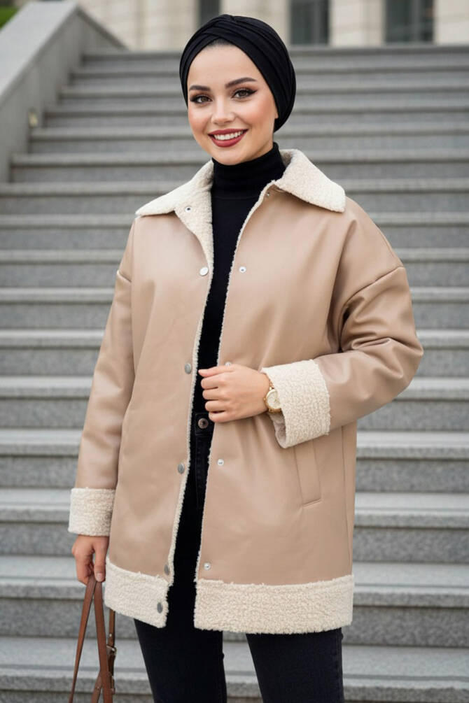  Kürk Detaylı Bej Tesettür Deri Ceket 9310BEJ - NEVA STYLE