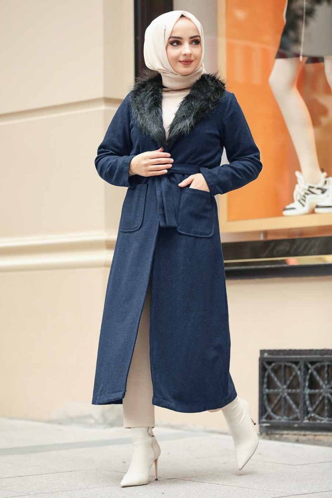 Neva Style - Kürk Detaylı İndigo Mavisi Tesettür Kap 5590IM - 1