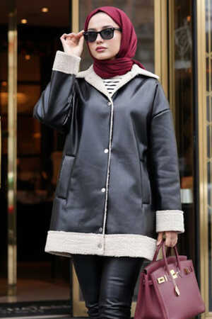  Kürk Detaylı Siyah Tesettür Deri Ceket 9310S - NEVA STYLE