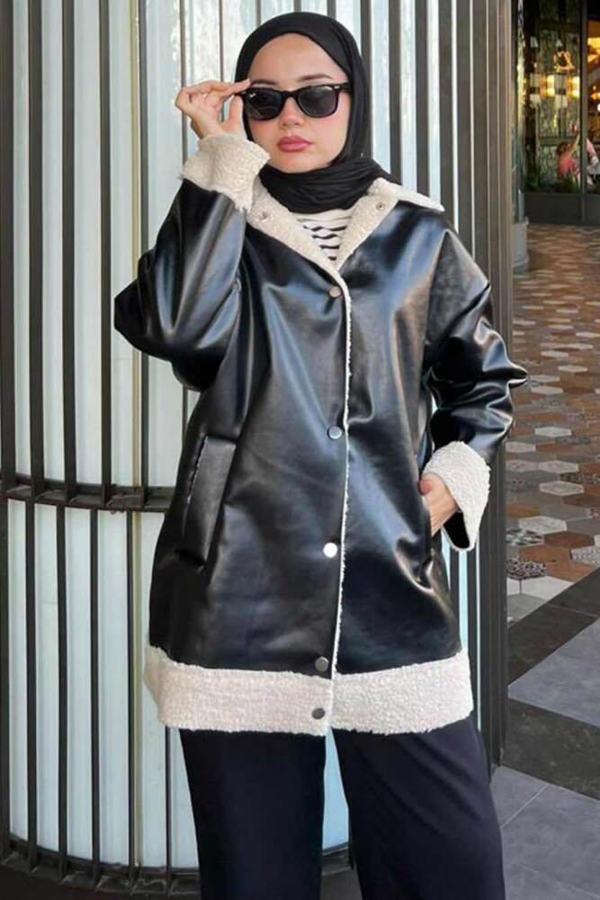 Neva Style - Kürk Detaylı Siyah Tesettür Deri Ceket 9310S - NEVA STYLE
