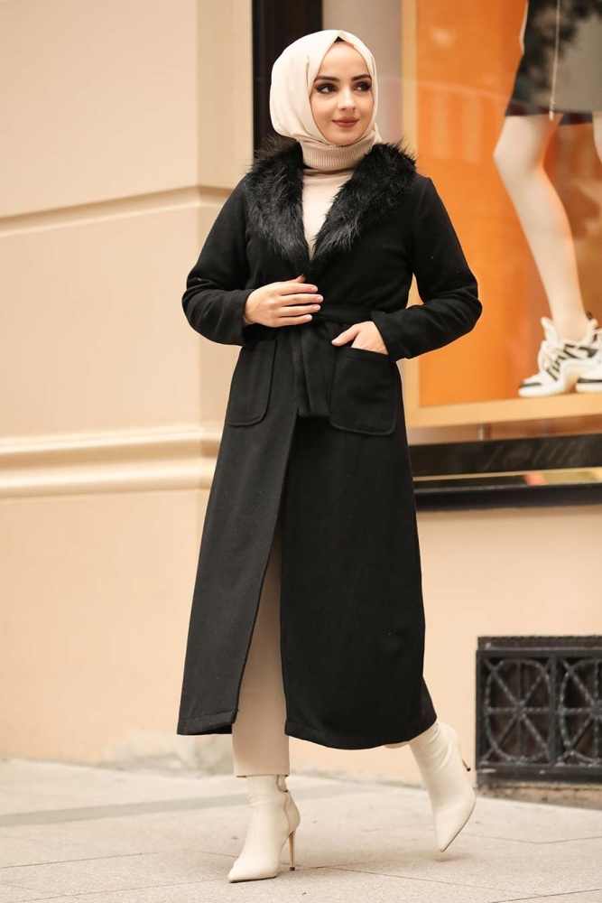 Neva Style - Kürk Detaylı Siyah Tesettür Kap 5590S - 1
