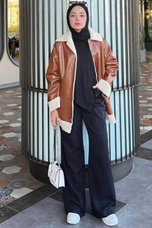 Neva Style - Kürk Detaylı Taba Tesettür Deri Ceket 9310TB - 2