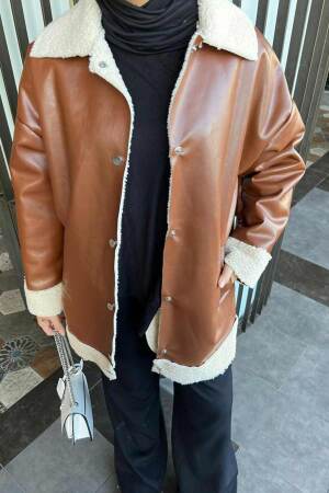 Neva Style - Kürk Detaylı Taba Tesettür Deri Ceket 9310TB - 3