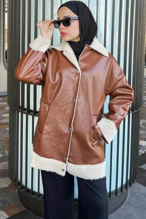 Neva Style - Kürk Detaylı Taba Tesettür Deri Ceket 9310TB - 1