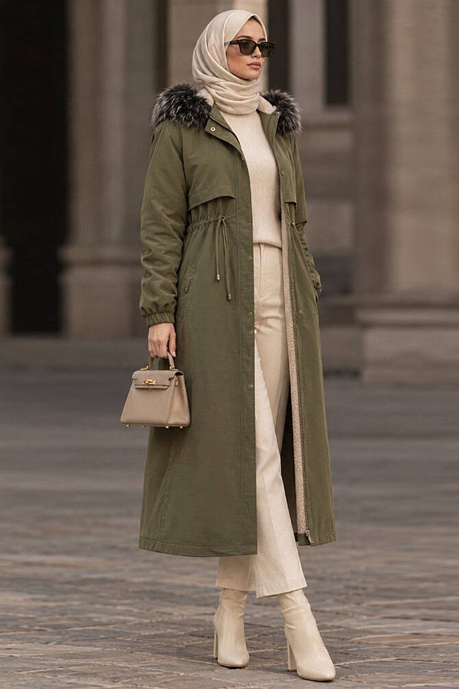  Kürklü Haki Tesettür Parka 60651HK - NEVASTYLE