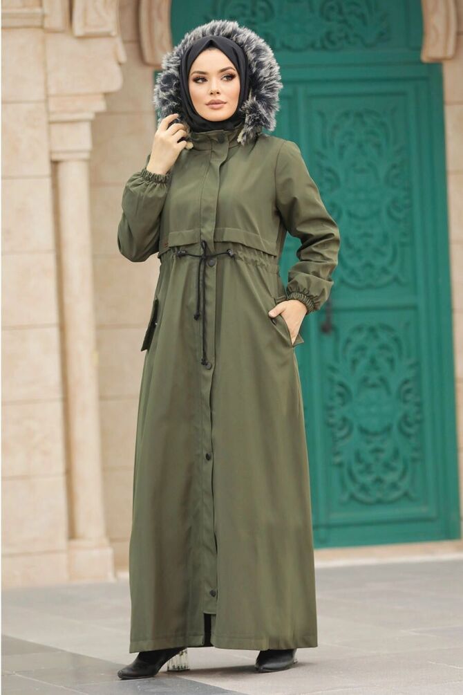  Kürklü Haki Tesettür Parka 60506HK - 1