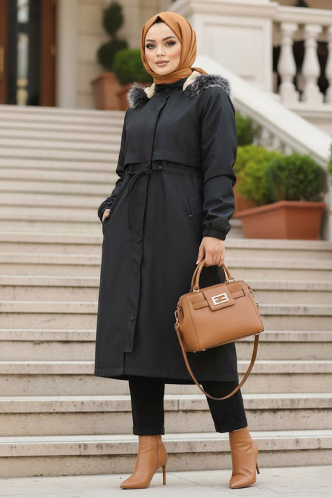  Kürklü Siyah Tesettür Parka 60651S - NEVASTYLE