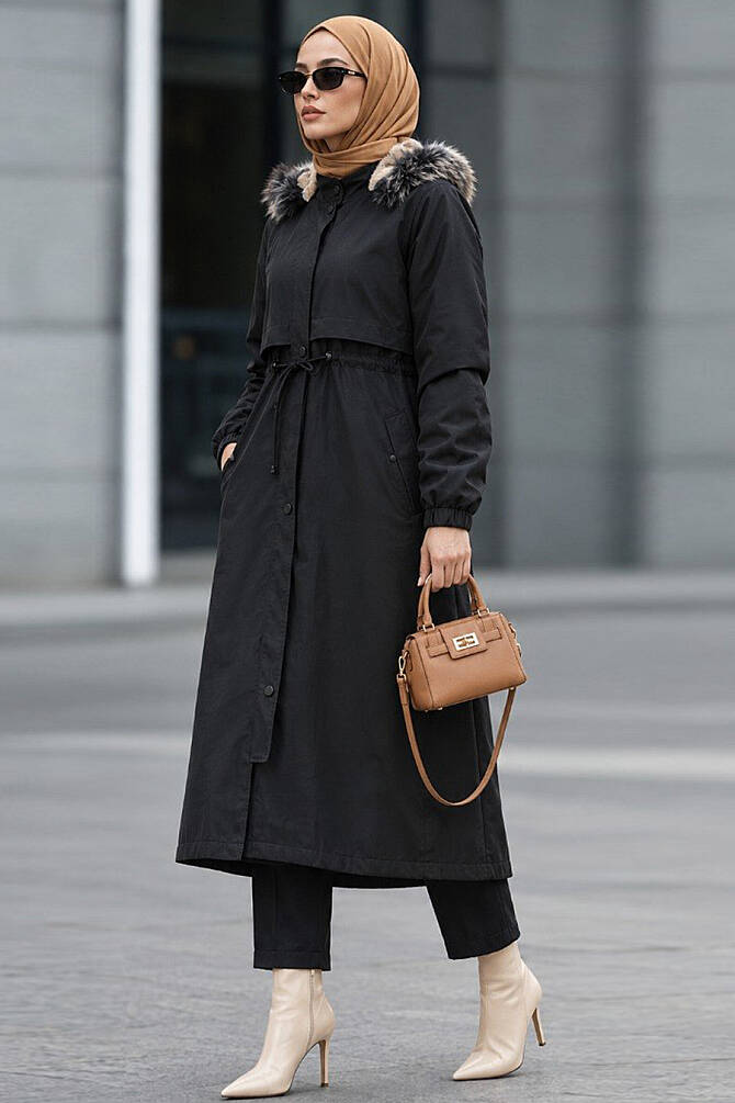  Kürklü Siyah Tesettür Parka 60651S - NEVASTYLE