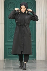 Neva Style - Kürklü Siyah Tesettür Parka 60652S - Thumbnail