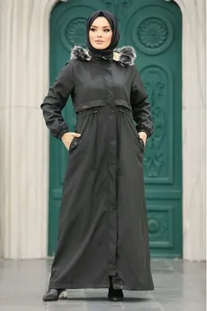  Kürklü Siyah Tesettür Parka 60506S - 1