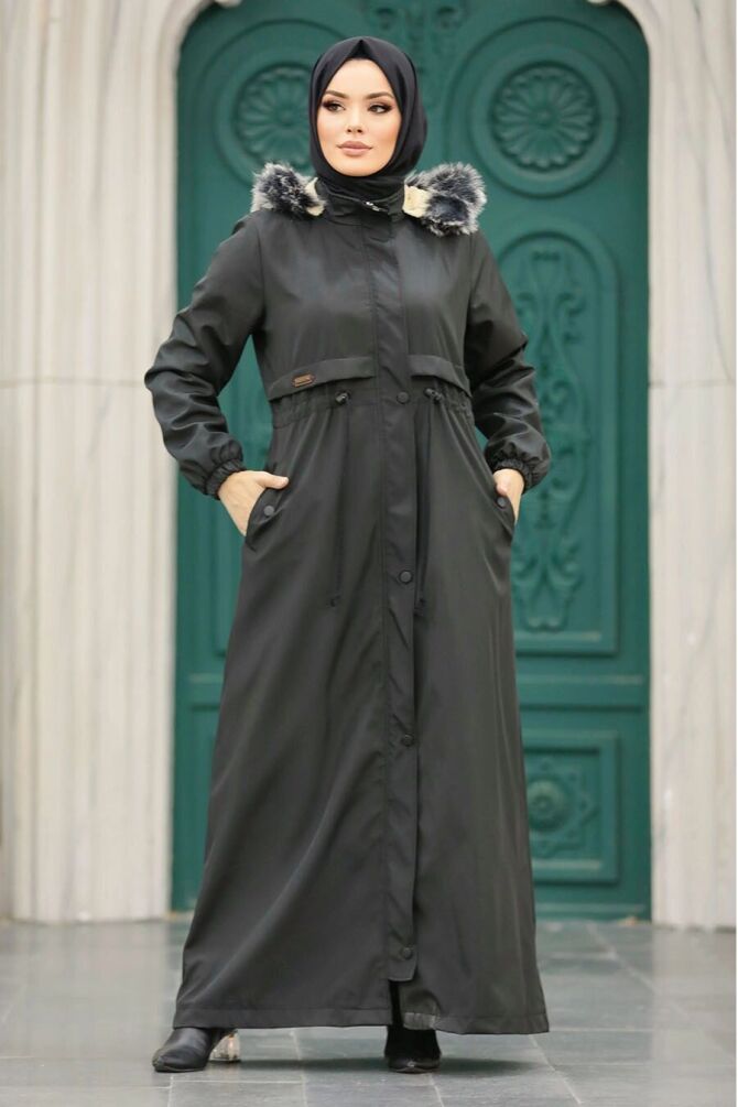  Kürklü Siyah Tesettür Parka 60506S - 1