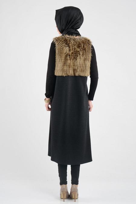 Neva Style - Kürklü Siyah Yelek - 3