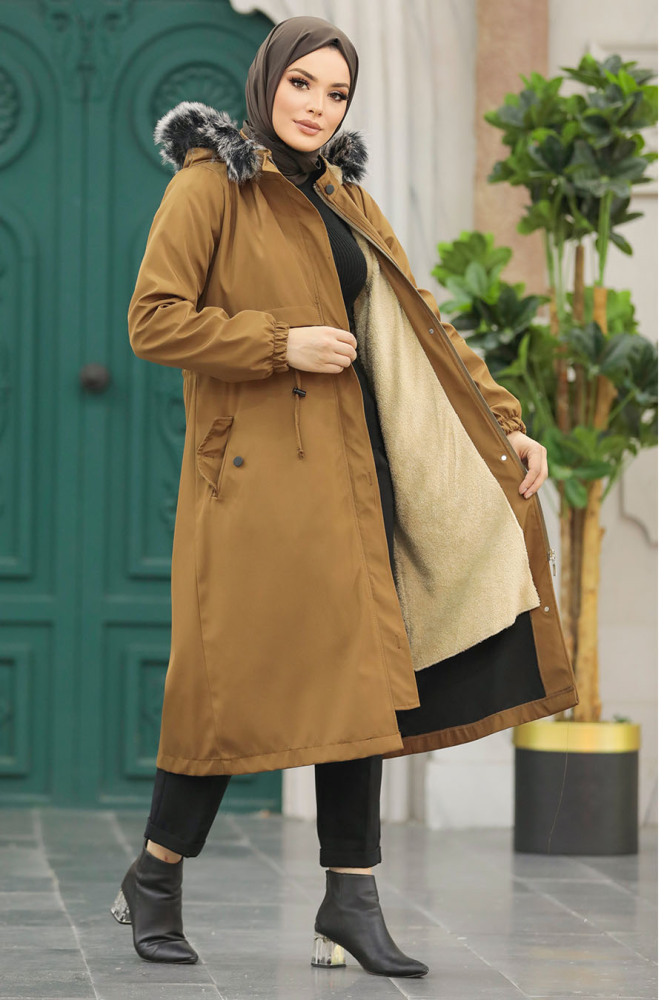 Neva Style - Kürklü Taba Tesettür Parka 60651TB - 2