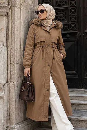  Kürklü Taba Tesettür Parka 60651TB - 1