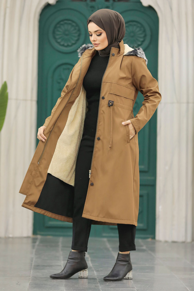 Neva Style - Kürklü Taba Tesettür Parka 60652TB - 2