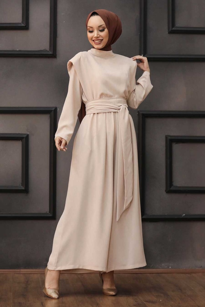 Neva Style - Kuşaklı Bej Tesettür İkili Takım 1471BEJ - 2