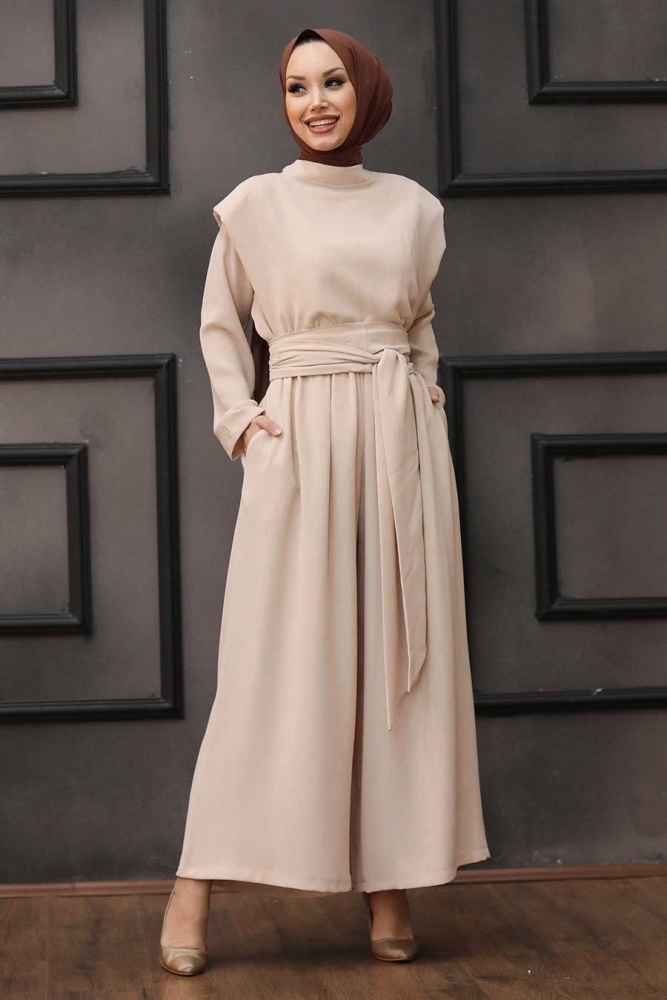 Neva Style - Kuşaklı Bej Tesettür İkili Takım 1471BEJ - NEVA STYLE
