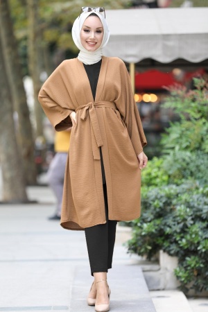 Neva Style - Kuşaklı Bisküvi Tesettür Kimono 40930BS - 1