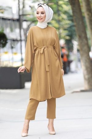  Kuşaklı Bisküvi Tesettür Kimono Takım 51630BS - 1