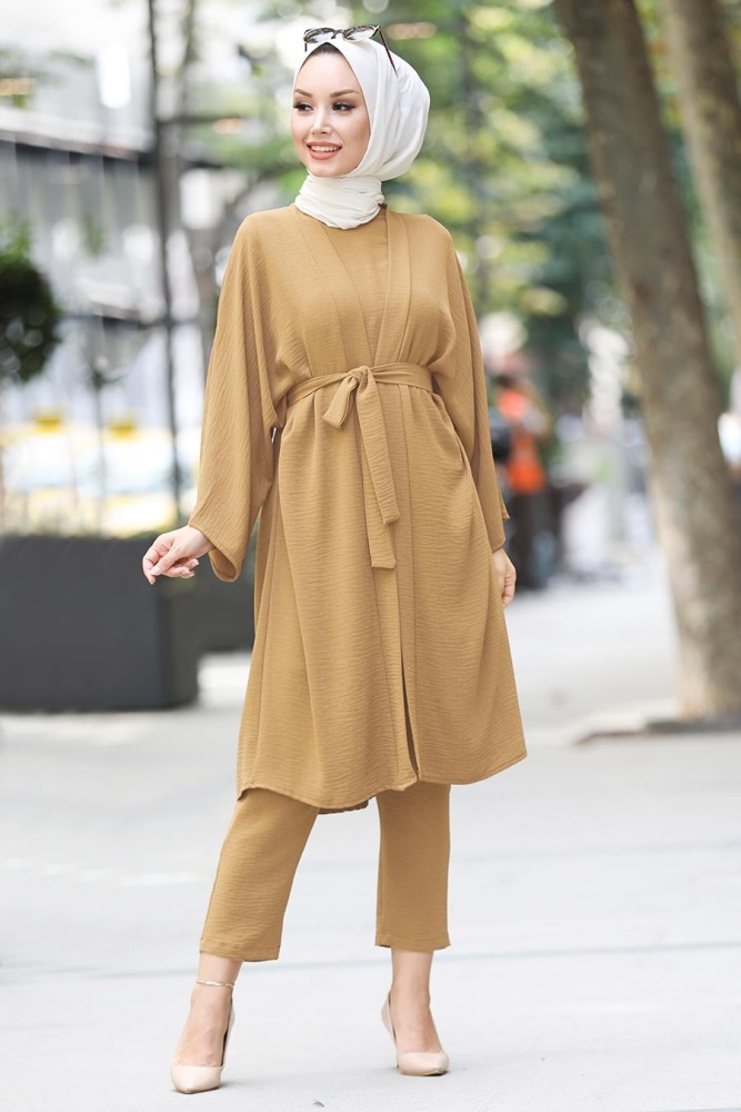  Kuşaklı Bisküvi Tesettür Kimono Takım 51630BS - 1