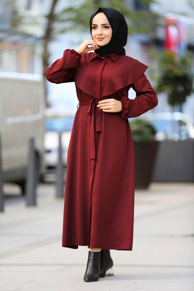 Neva Style - Kuşaklı Bordo Tesettür Elbise 4331BR - 1