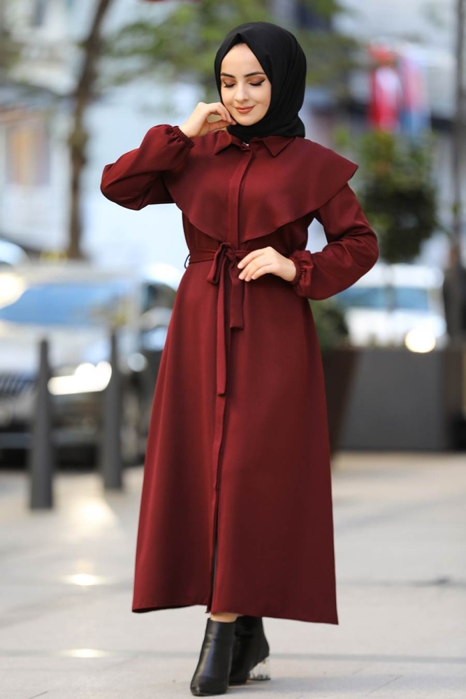 Neva Style - Kuşaklı Bordo Tesettür Elbise 4331BR - 2