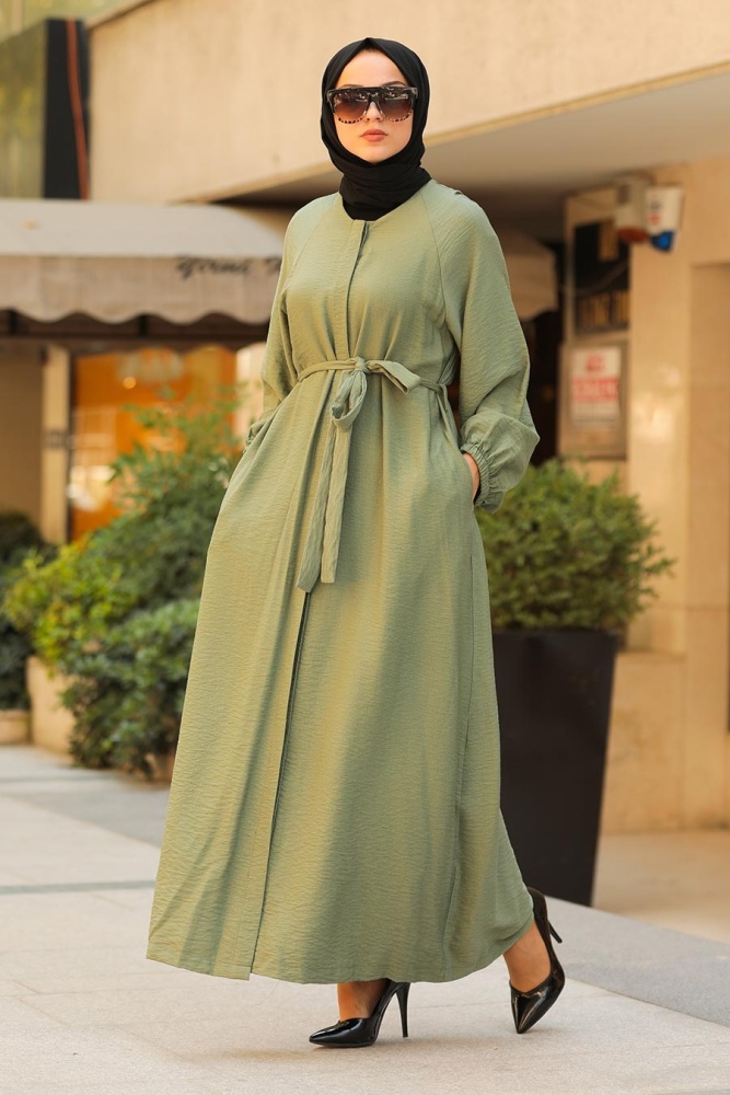 Neva Style - Kuşaklı Çağla Yeşili Tesettür Ferace 40921CY - 1