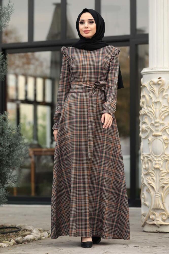 Neva Style - Kuşaklı Desenli Haki Tesettür Elbise 15140HK - 1