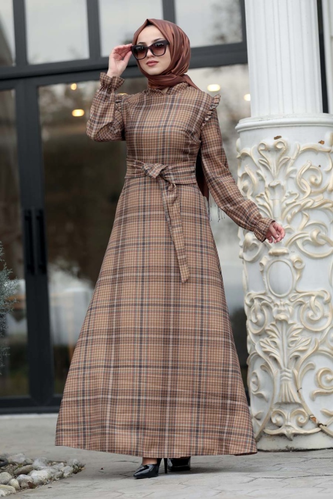 Neva Style - Kuşaklı Desenli Hardal Tesettür Elbise 15140HR - 1