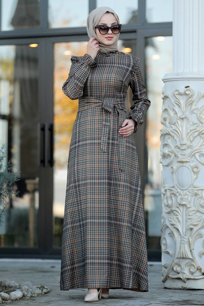 Neva Style - Kuşaklı Desenli Koyu Haki Tesettür Elbise 15140KHK - 1