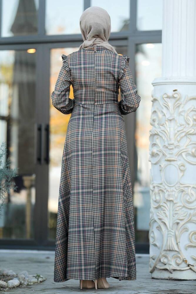 Neva Style - Kuşaklı Desenli Koyu Haki Tesettür Elbise 15140KHK - 2