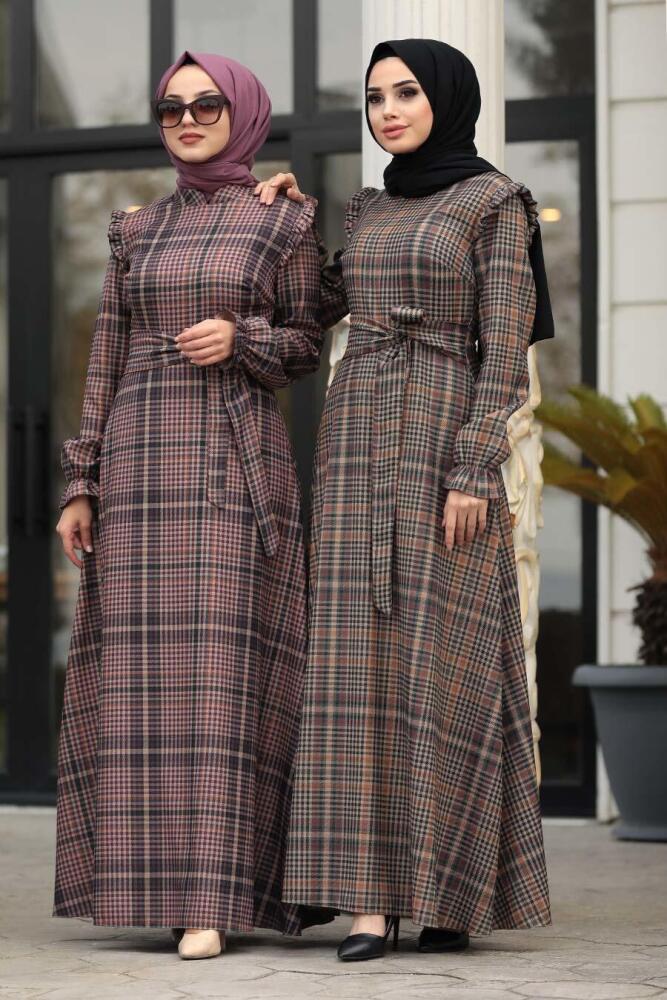 Neva Style - Kuşaklı Desenli Mor Tesettür Elbise 15140MOR - 2