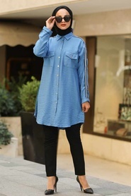 Neva Style - Kuşaklı Düğmeli İndigo Mavisi Tesettür Gömlek 39190IM - Thumbnail