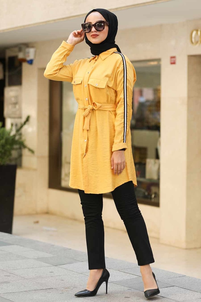 Neva Style - Kuşaklı Düğmeli Hardal Tesettür Gömlek 39190HR - 1