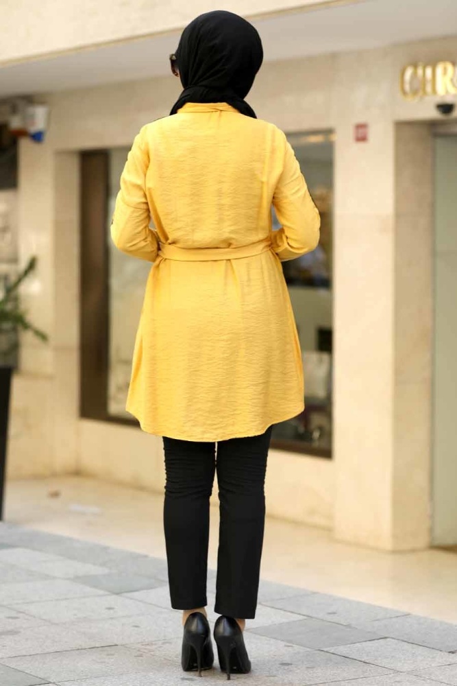 Neva Style - Kuşaklı Düğmeli Hardal Tesettür Gömlek 39190HR - 2