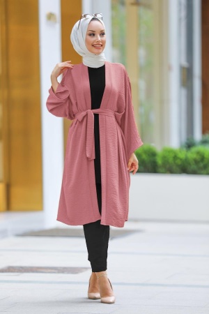 Neva Style - Kuşaklı Gül Kurusu Tesettür Kimono 40930GK - 1