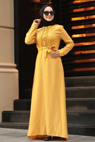 Neva Style - Kuşaklı Hardal Tesettür Elbise 39710HR - Thumbnail
