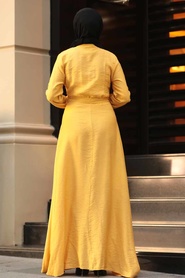 Neva Style - Kuşaklı Hardal Tesettür Elbise 39710HR - Thumbnail