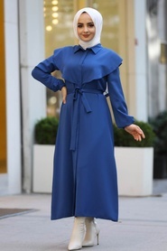 Neva Style - Kuşaklı İndigo Mavisi Tesettür Elbise 4331IM - Thumbnail