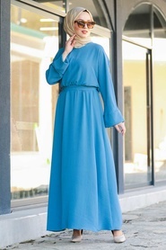 Neva Style - Kuşaklı İndigo Mavisi Tesettür Elbise 5013IM - Thumbnail