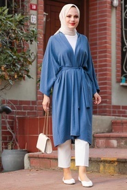 Neva Style - Kuşaklı İndigo Mavisi Tesettür Kimono 40930IM - Thumbnail