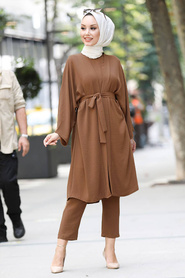Neva Style - Kuşaklı Kahverengi Tesettür Kimono Takım 51630KH - Thumbnail