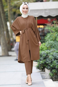 Neva Style - Kuşaklı Kahverengi Tesettür Kimono Takım 51630KH - Thumbnail