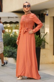 Neva Style - Kuşaklı Kiremit Tesettür Elbise 39710KRMT - Thumbnail