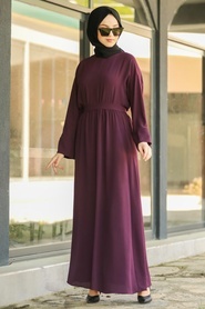 Neva Style - Kuşaklı Mürdüm Tesettür Elbise 5013MU - Thumbnail
