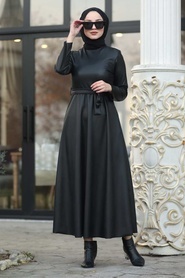 Neva Style - Kuşaklı Siyah Deri Tesettür Elbise 85251S - Thumbnail