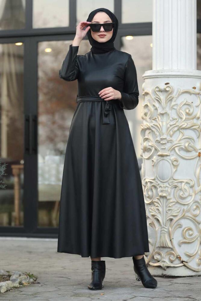 Neva Style - Kuşaklı Siyah Deri Tesettür Elbise 85251S - 1